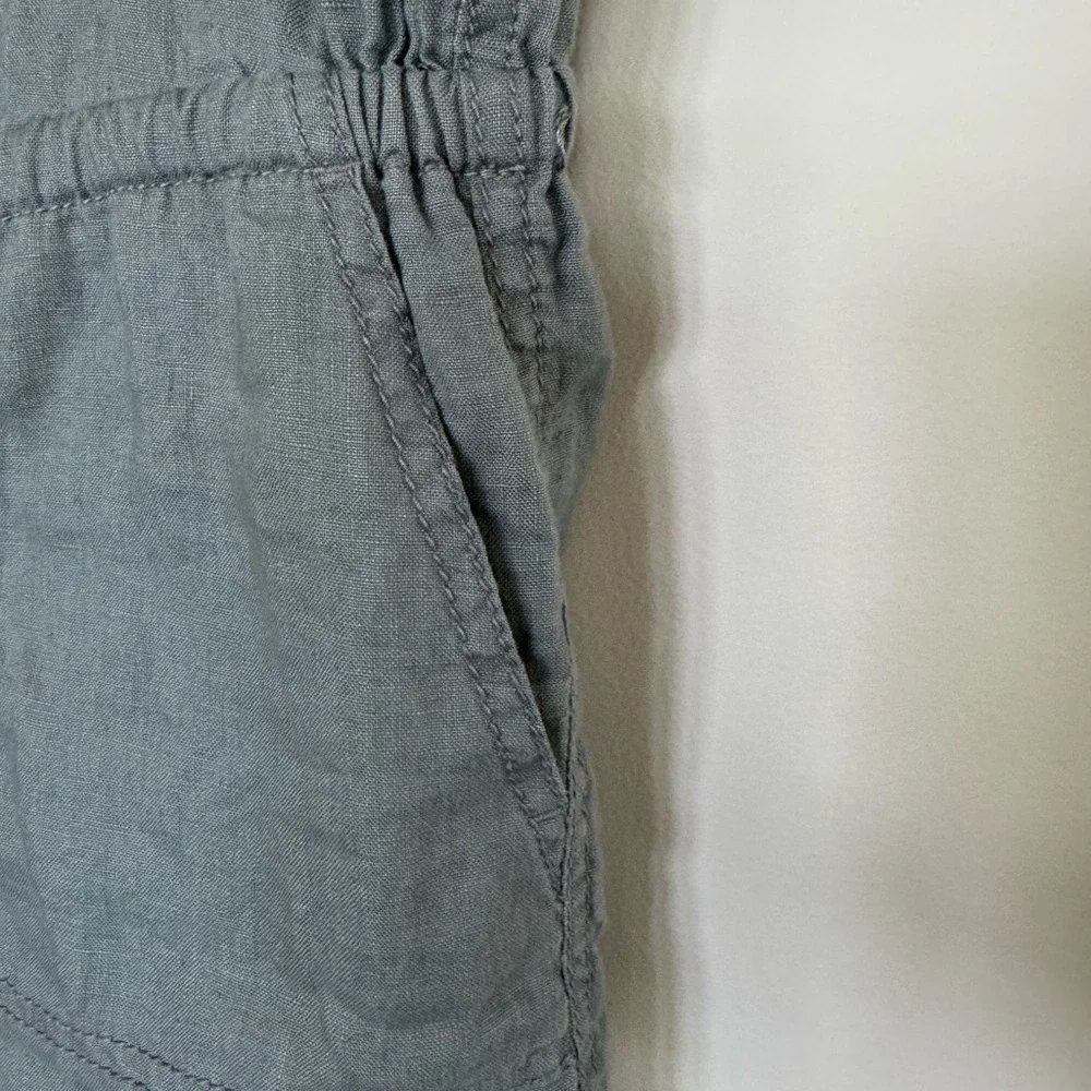 Lou & Grey Dusty Blue Gray Romper Tie Neck Button Up 100% linen Drawstring Sz S